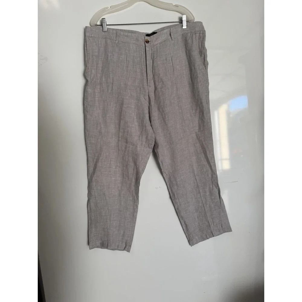Mens Casual Linen Blend Trousers Gray Straight Leg Beach Vacation Pants Size